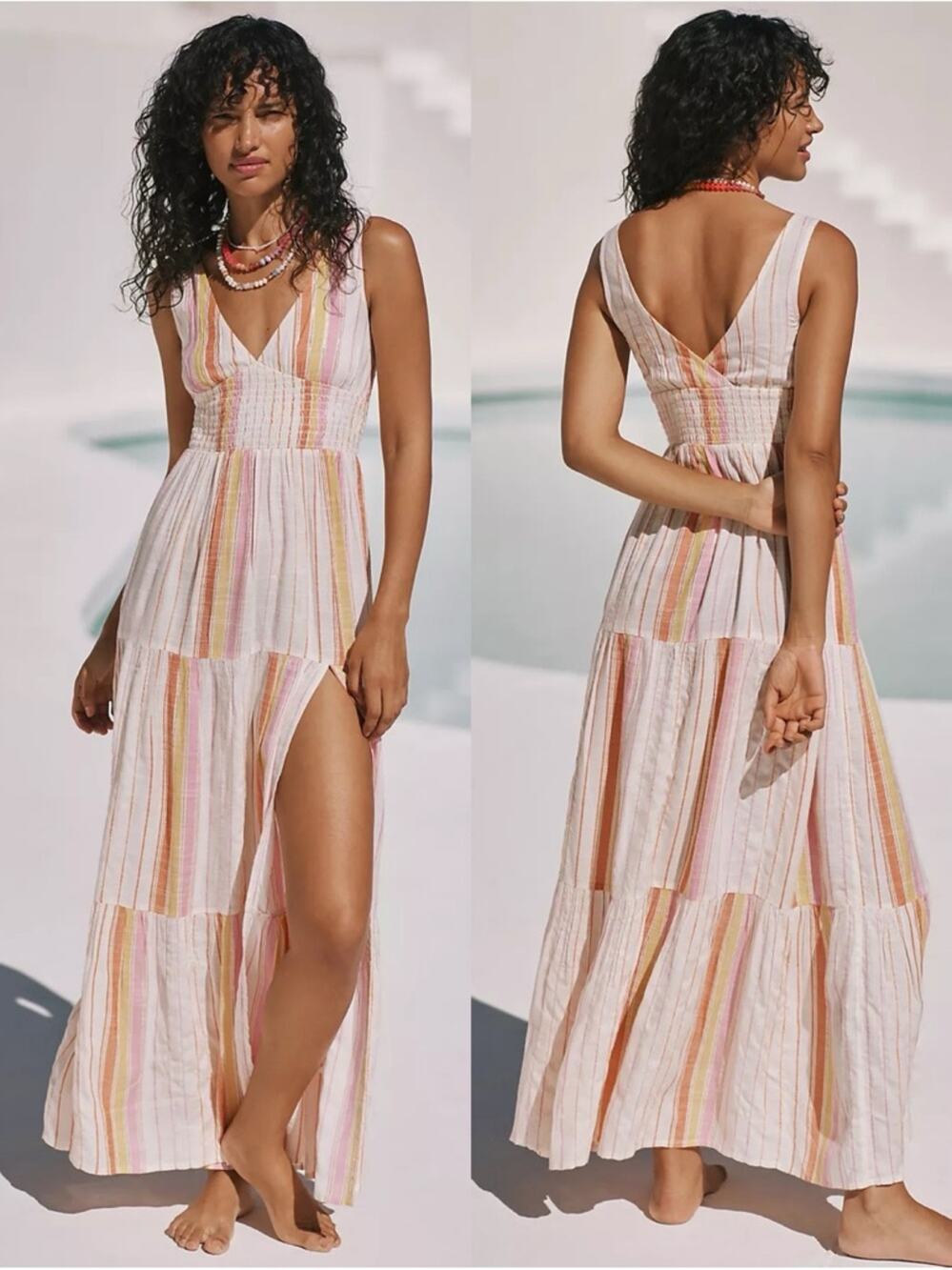 LSPACE Lilikoi Dress Womens Striped Midi Smocked Waist Cutout Slit Boho